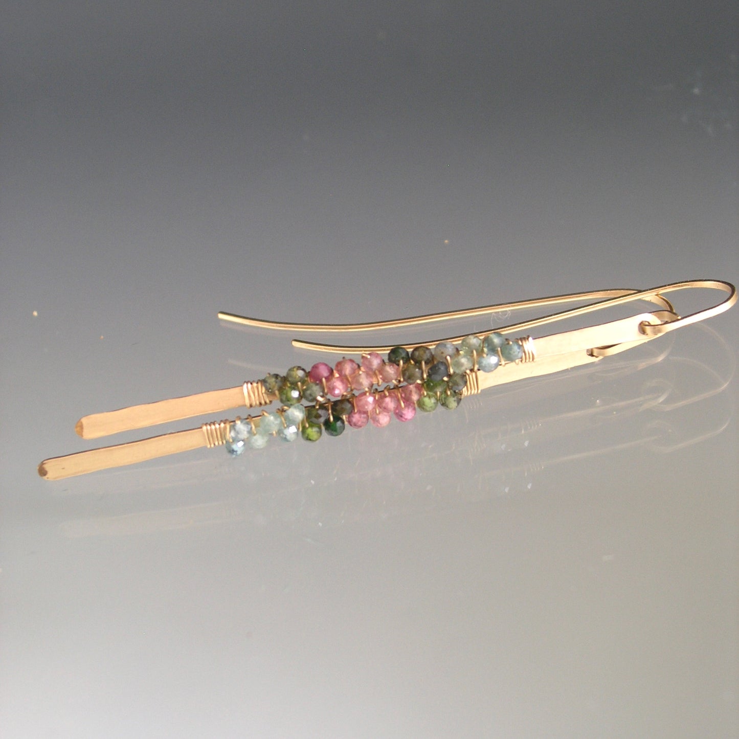 Linear Tourmaline 14k Gold Filled Hand Forged Earrings