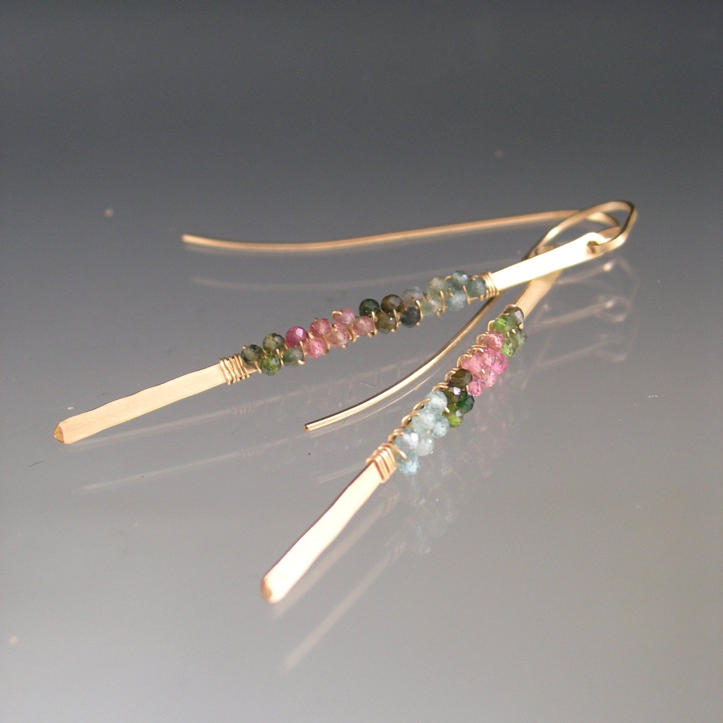 Linear Tourmaline 14k Gold Filled Hand Forged Earrings