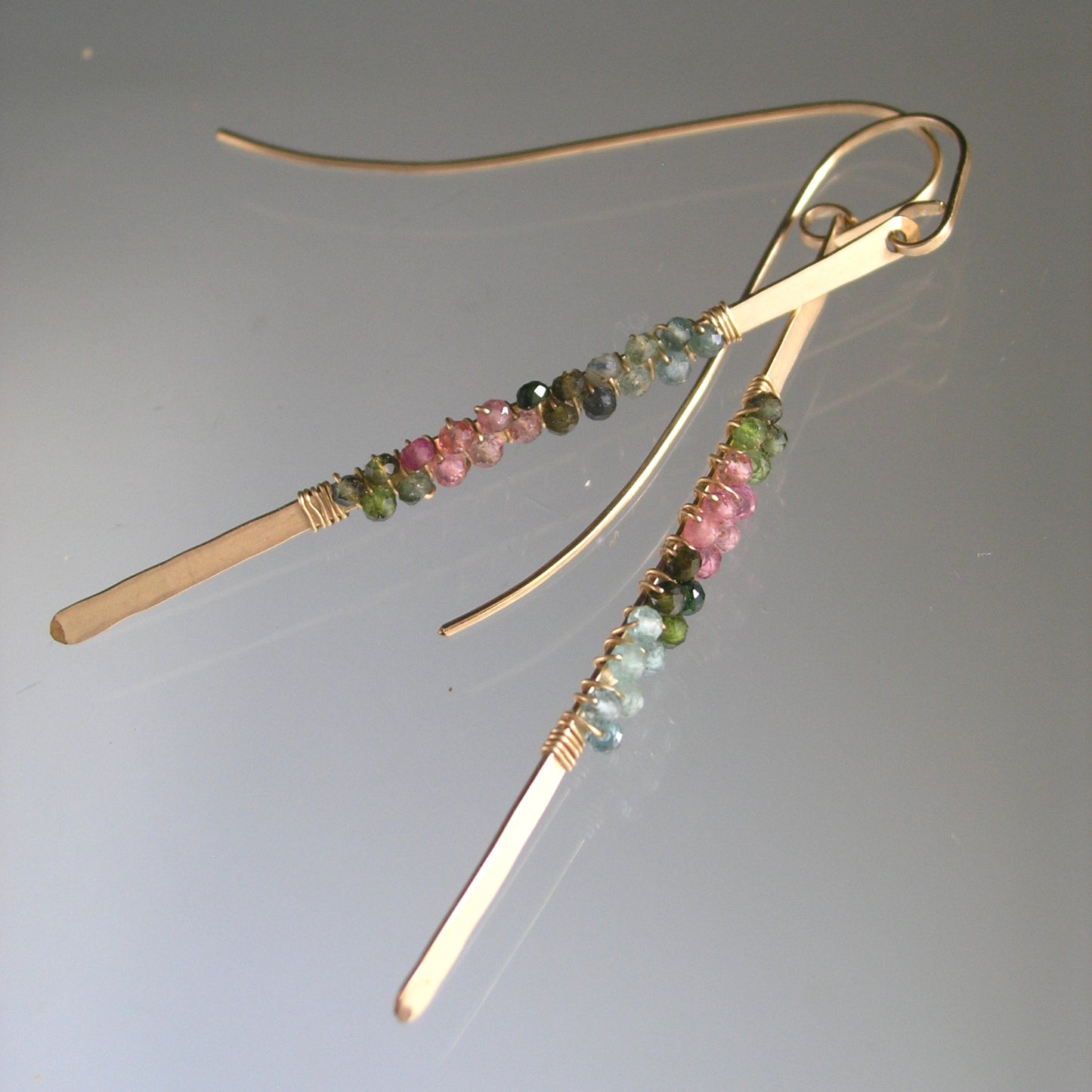 Linear Tourmaline 14k Gold Filled Hand Forged Earrings