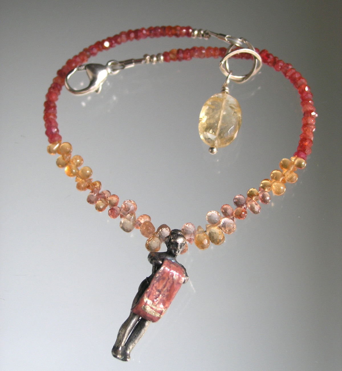 Padparadscha Sapphire Bracelet w/ Vintage Sterling Woman Movable Towel Charm