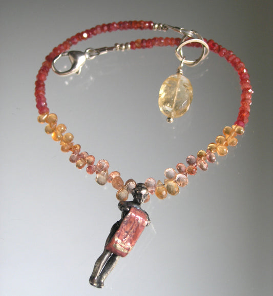 Padparadscha Sapphire Bracelet w/ Vintage Sterling Woman Movable Towel Charm