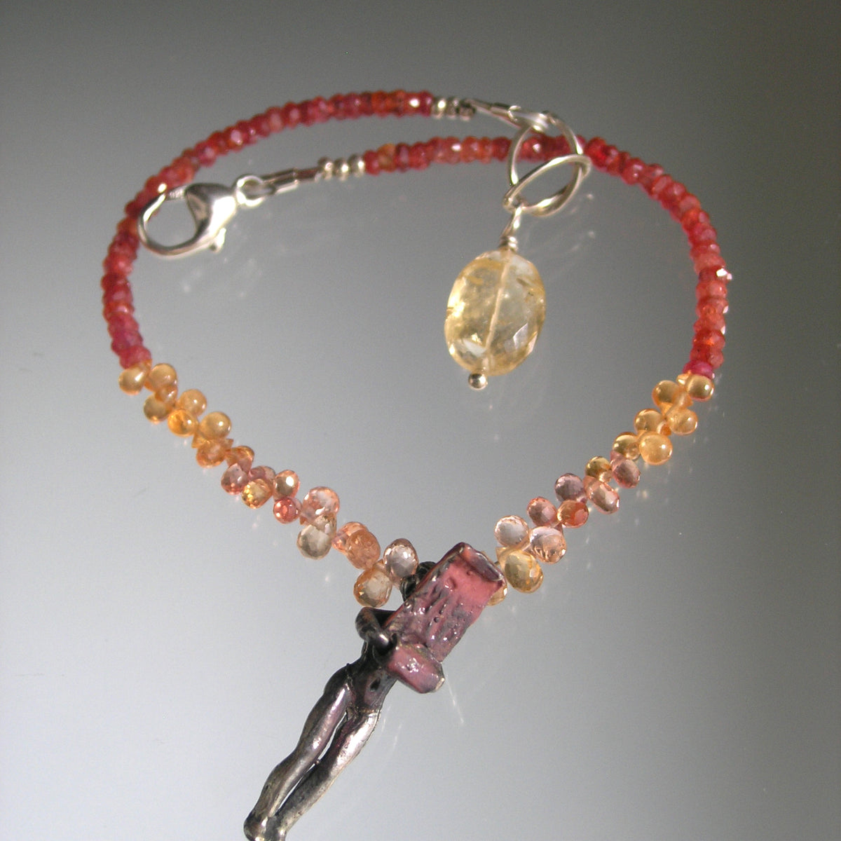 Padparadscha Sapphire Bracelet w/ Vintage Sterling Woman Movable Towel Charm
