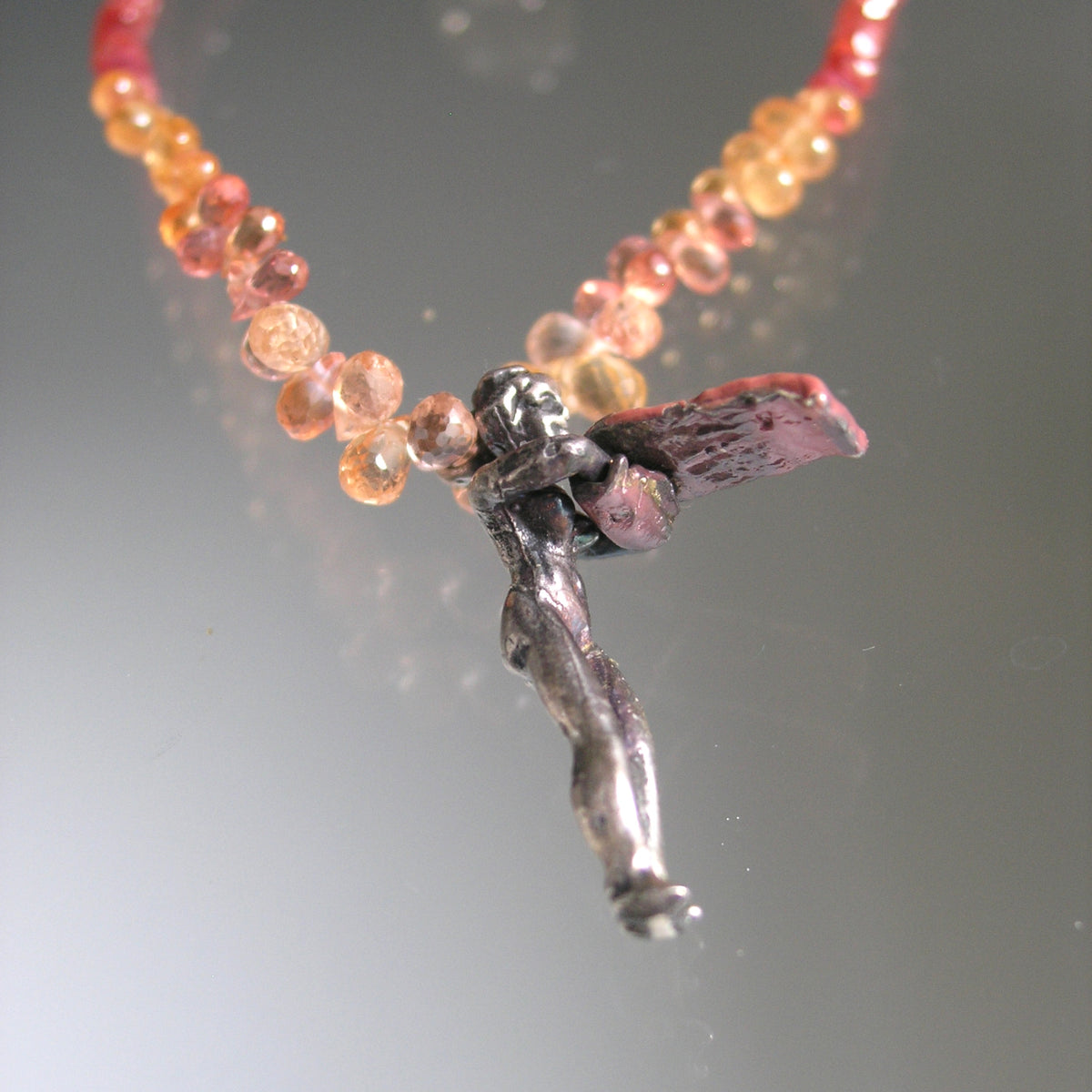 Padparadscha Sapphire Bracelet w/ Vintage Sterling Woman Movable Towel Charm