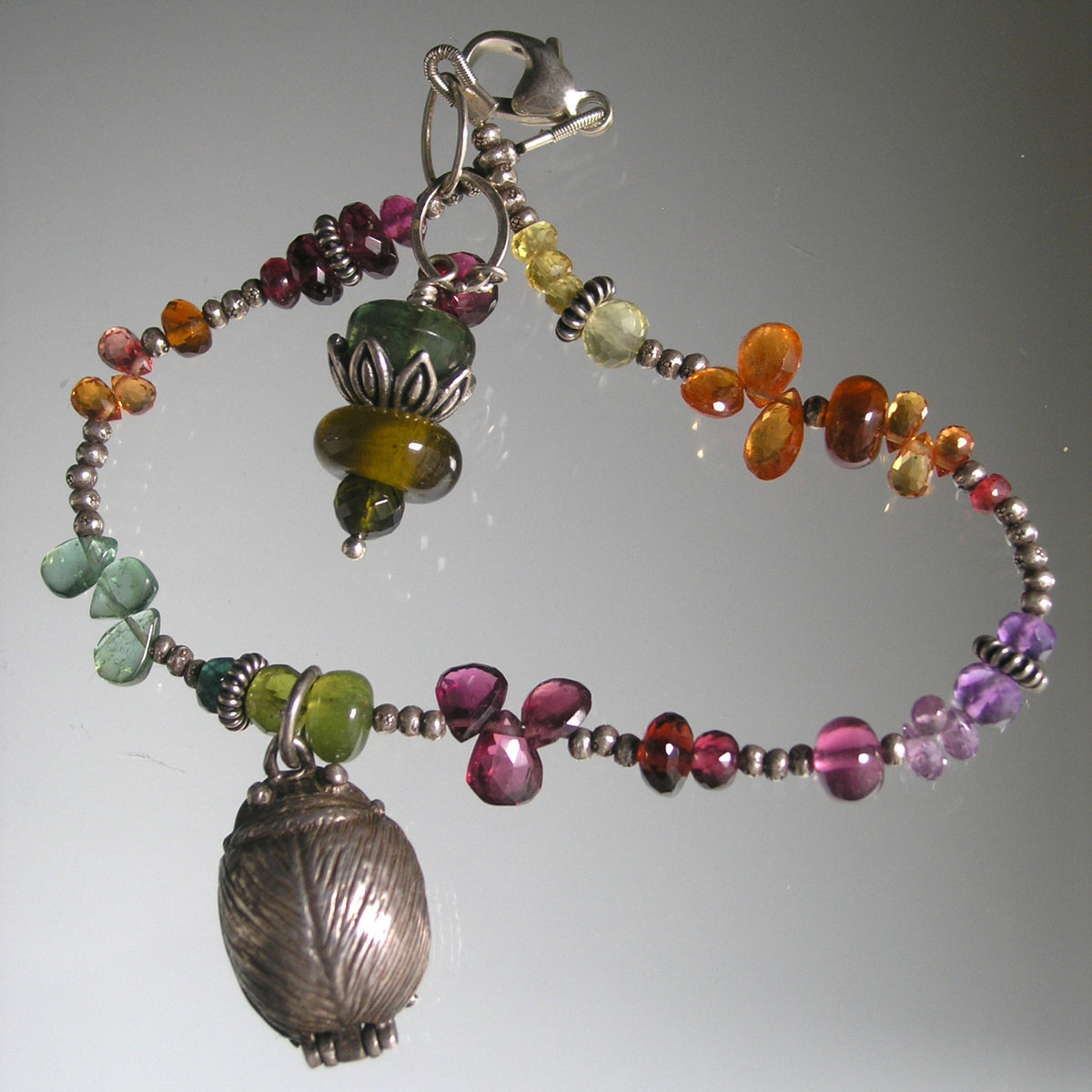 Multi Gemstone Sterling Bracelet w/ Vintage Beatles Charm Opens to the Fab Four