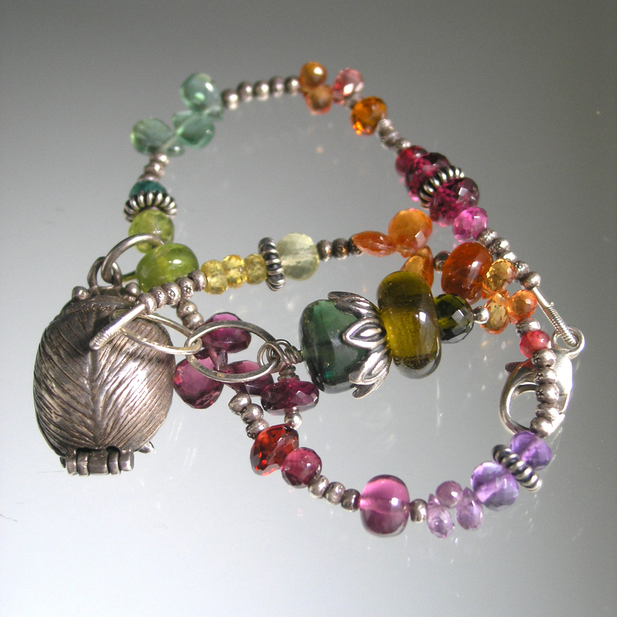 Multi Gemstone Sterling Bracelet w/ Vintage Beatles Charm Opens to the Fab Four