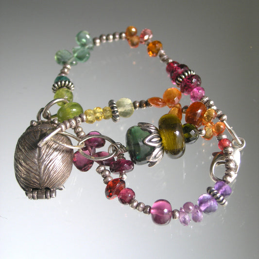Multi Gemstone Sterling Bracelet w/ Vintage Beatles Charm Opens to the Fab Four