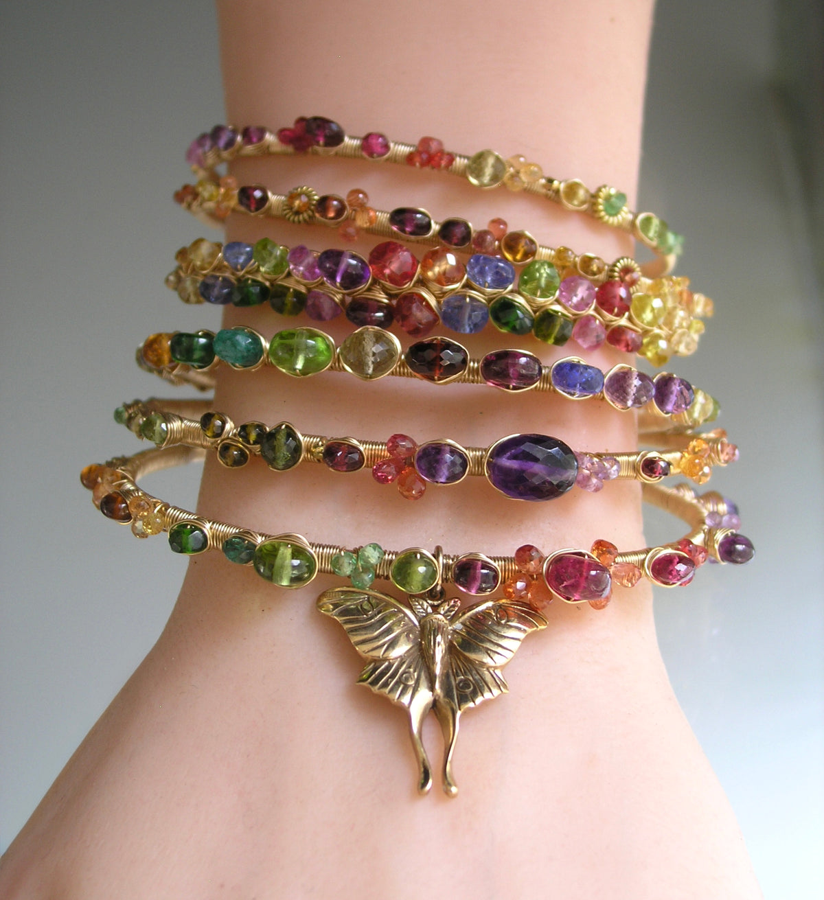 Rainbow Gemstone Gold Filled Wire Wrapped Cuff w/ Bronze Luna Moth Charm