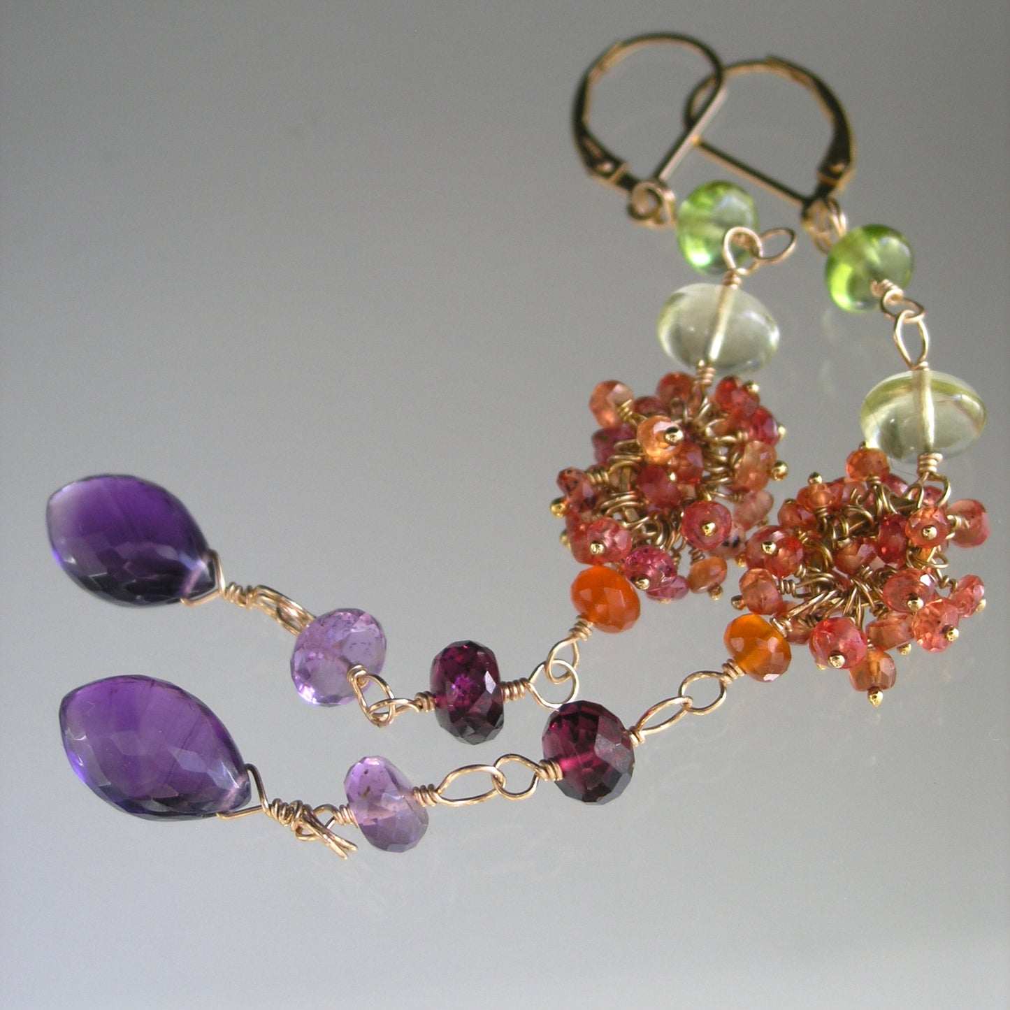 Long Gemstone 14k Gold Filled Earrings: Orange Sapphire, Magenta Garnet, Amethyst