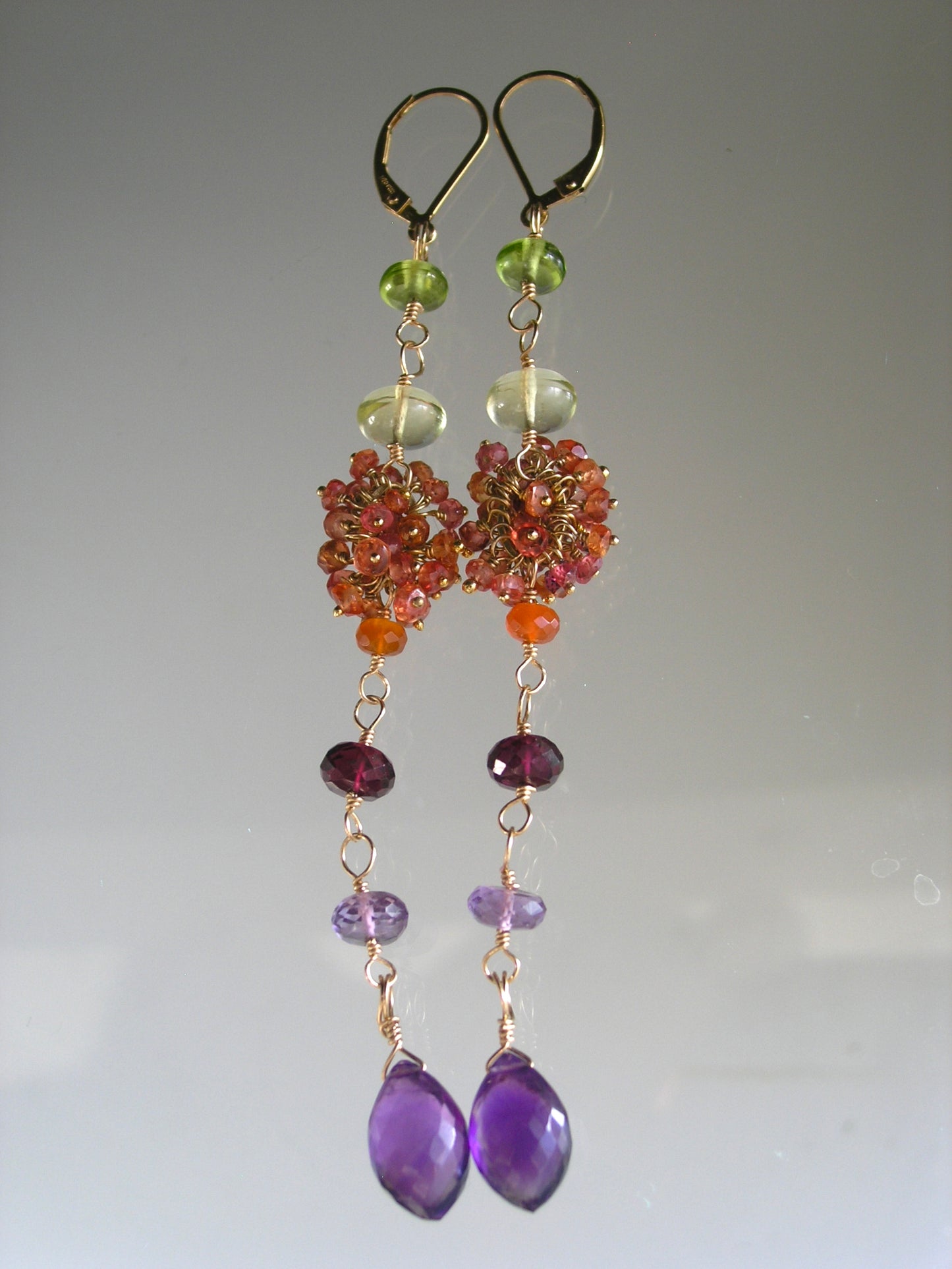 Long Gemstone 14k Gold Filled Earrings: Orange Sapphire, Magenta Garnet, Amethyst