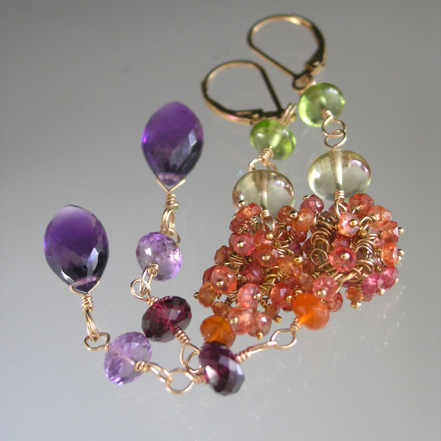 Long Gemstone 14k Gold Filled Earrings: Orange Sapphire, Magenta Garnet, Amethyst