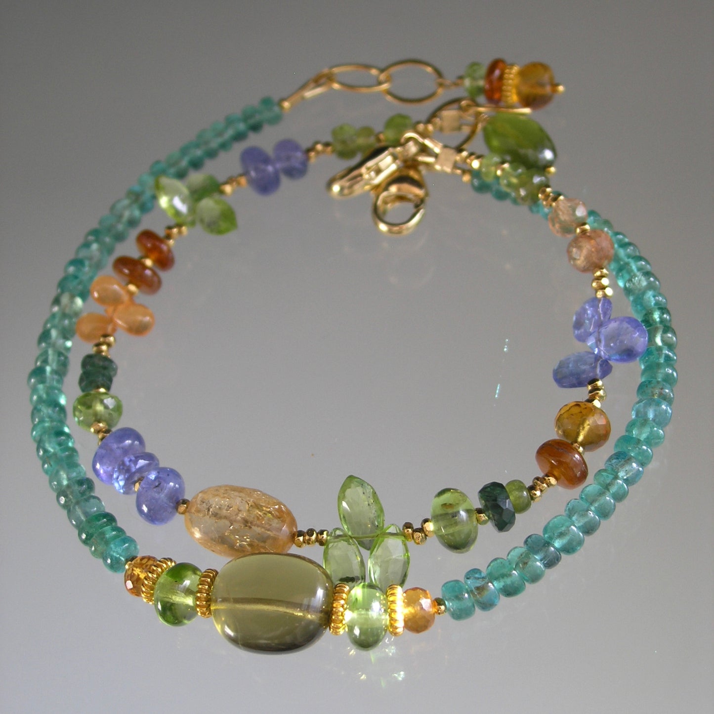 Apatite Olive Quartz Beaded Bracelet: Peridot, Citrine, Spessartite