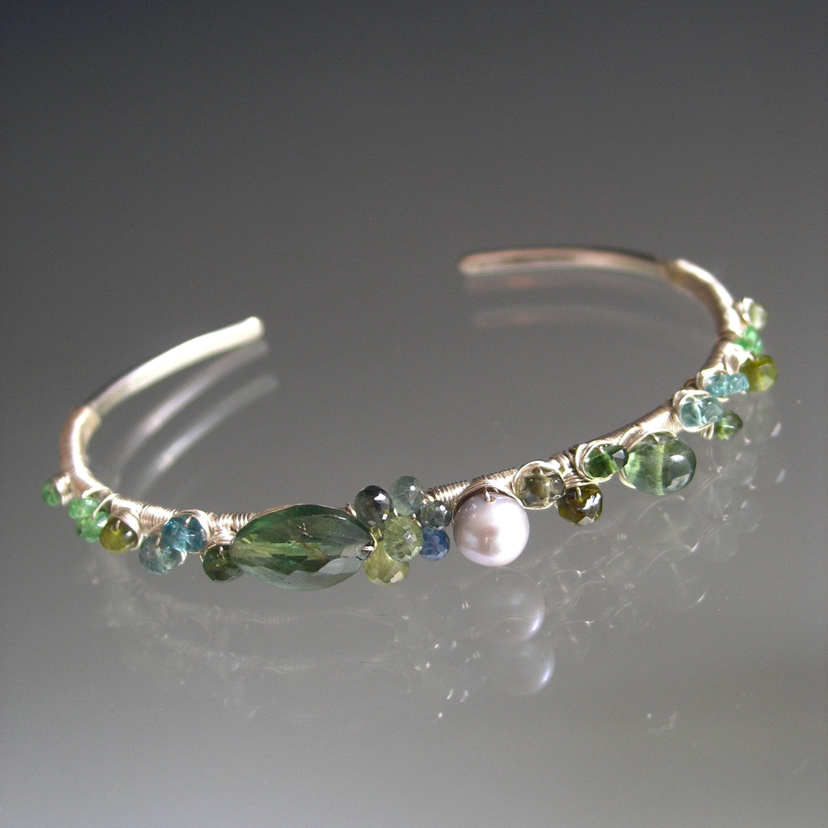Green Sapphires Apatite Sterling Hand Forged Cuff