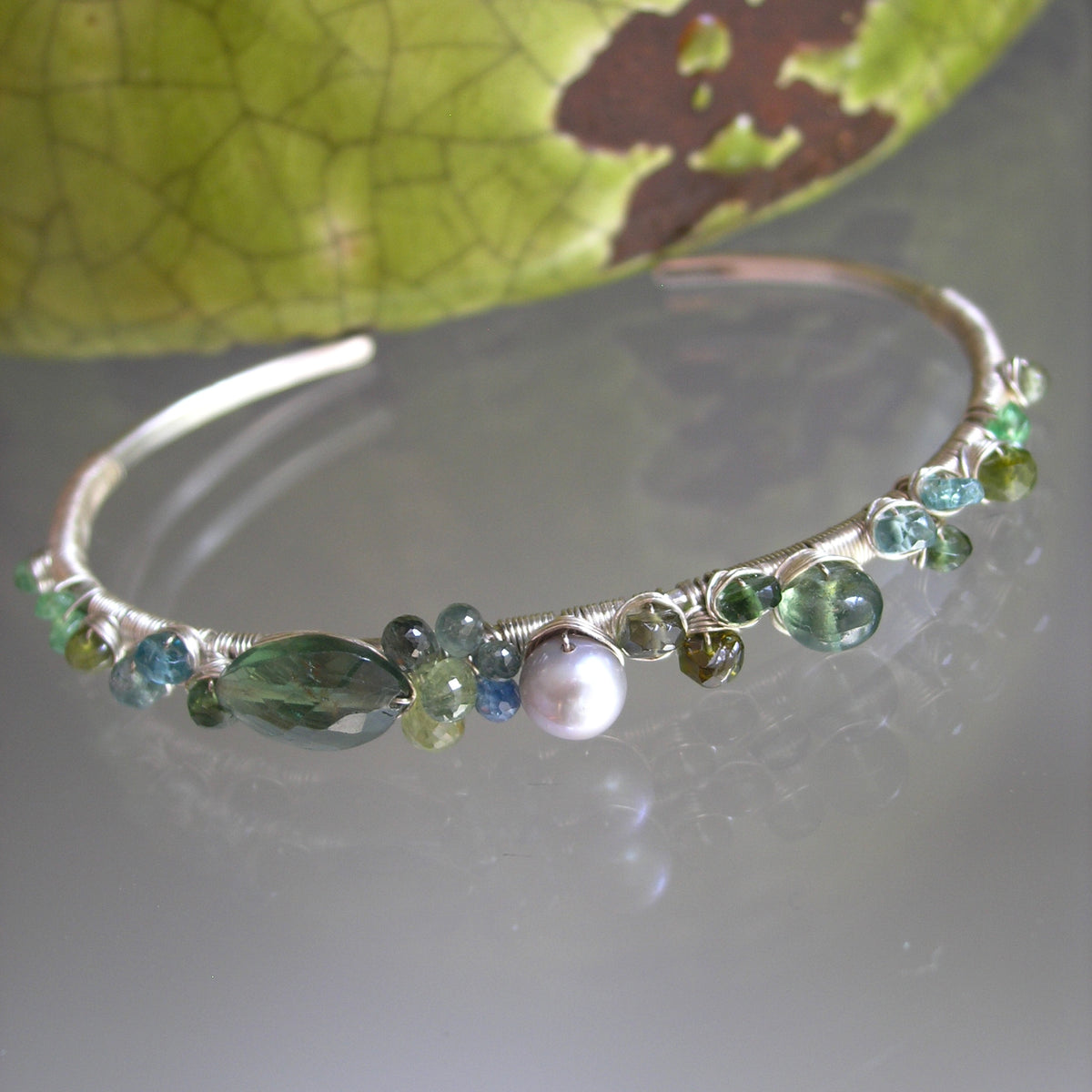 Green Sapphires Apatite Sterling Hand Forged Cuff