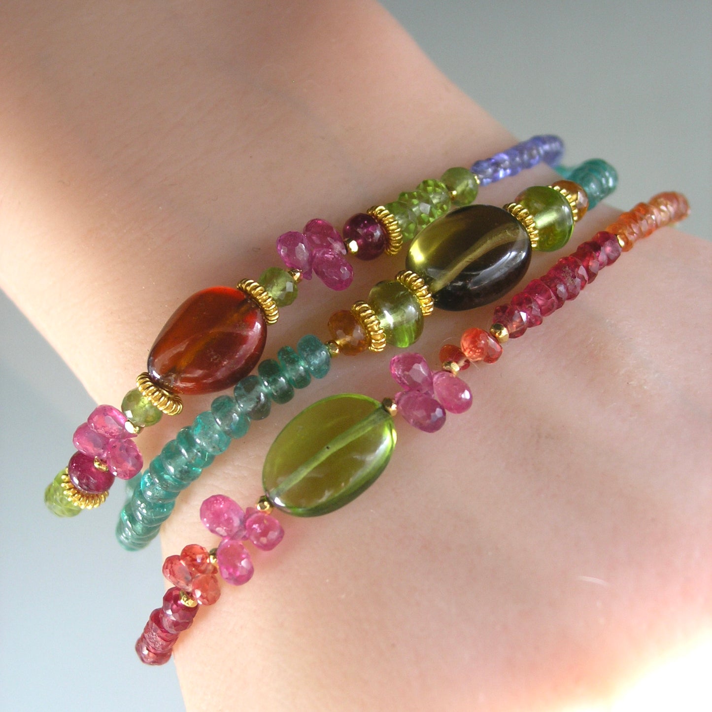 Apatite Olive Quartz Beaded Bracelet: Peridot, Citrine, Spessartite