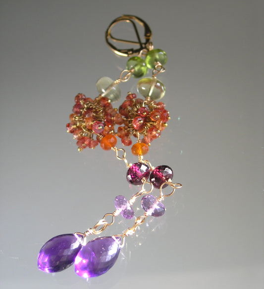 Long Gemstone 14k Gold Filled Earrings: Orange Sapphire, Magenta Garnet, Amethyst