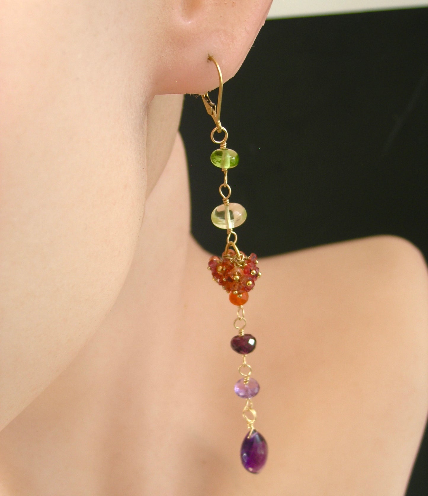 Long Gemstone 14k Gold Filled Earrings: Orange Sapphire, Magenta Garnet, Amethyst