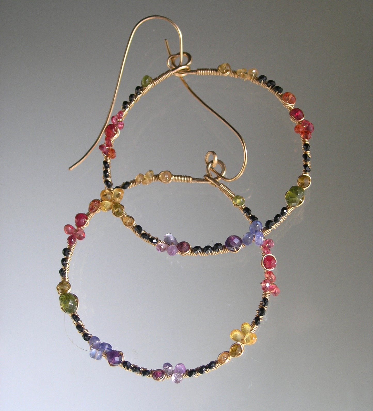 Rainbow Gemstone Front Facing Hoops w/ Black Spinel