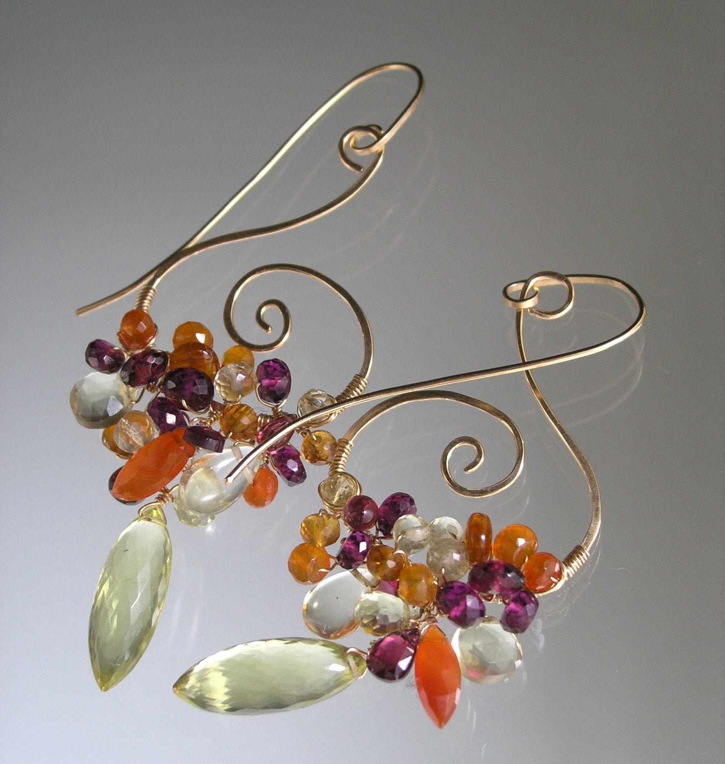 Gemstone Cascade Spiral Earrings in 14k Gold Fill Garnet Lemon Quartz Carnelian