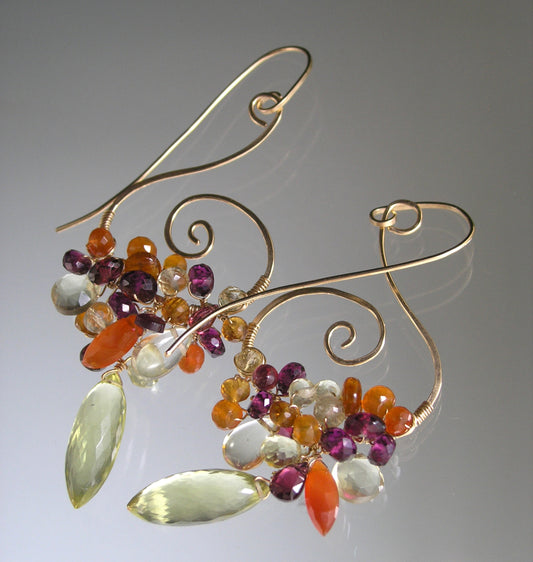Gemstone Cascade Spiral Earrings in 14k Gold Fill Garnet Lemon Quartz Carnelian