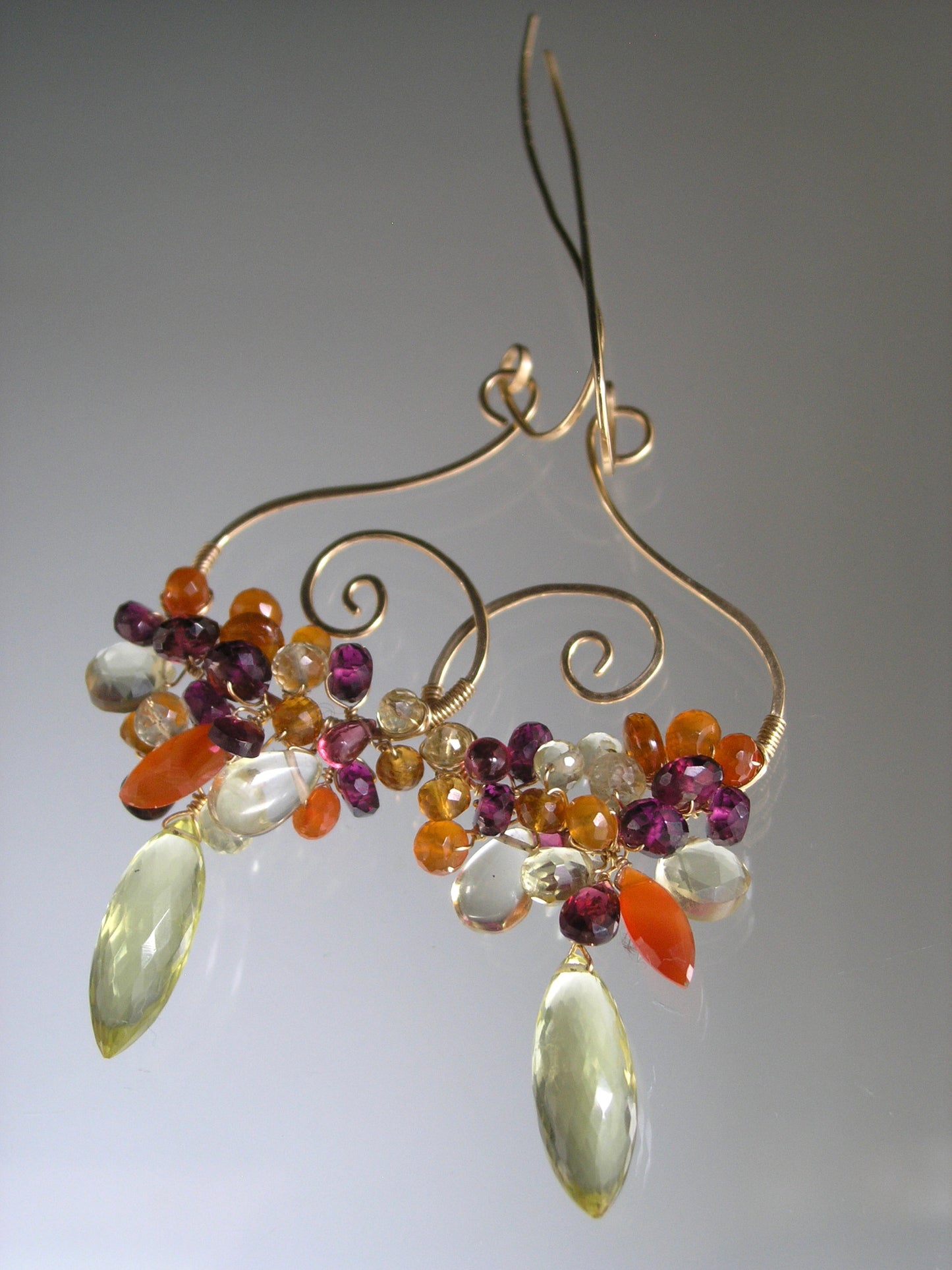 Gemstone Cascade Spiral Earrings in 14k Gold Fill Garnet Lemon Quartz Carnelian