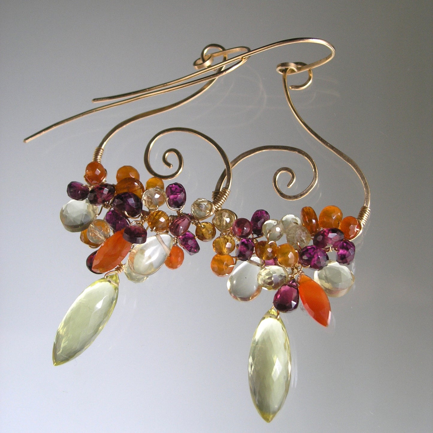 Gemstone Cascade Spiral Earrings in 14k Gold Fill Garnet Lemon Quartz Carnelian