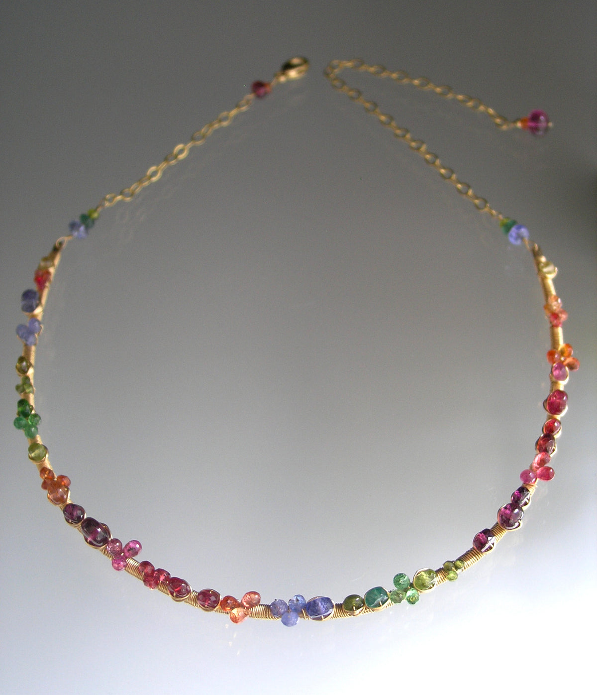 Multi Gemstone 14k Gold Filled Curved Bar Choker Necklace