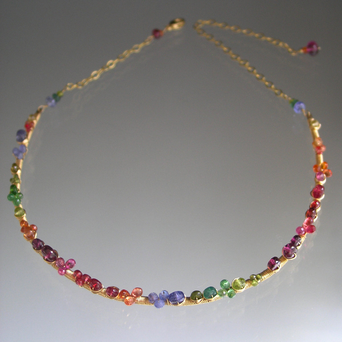 Multi Gemstone 14k Gold Filled Curved Bar Choker Necklace