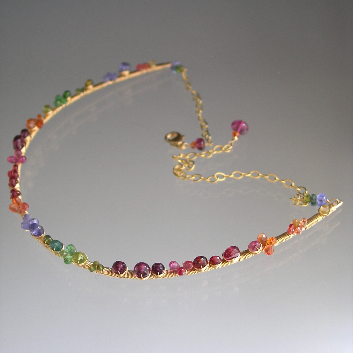 Multi Gemstone 14k Gold Filled Curved Bar Choker Necklace