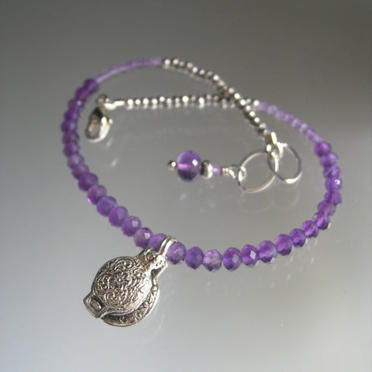 Amethyst Bracelet w/ Vintage Sterling Opening Waffle Iron Charm