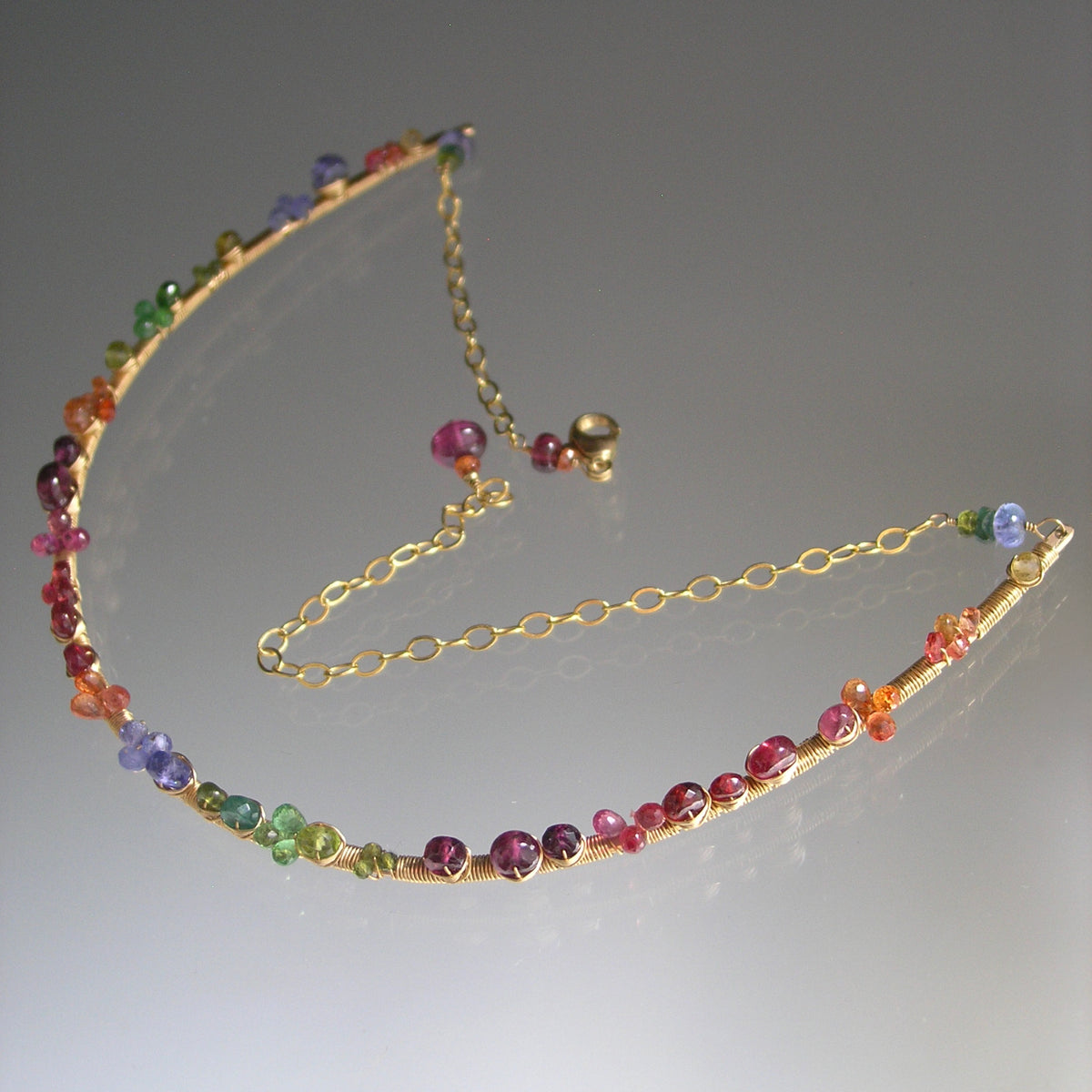 Multi Gemstone 14k Gold Filled Curved Bar Choker Necklace