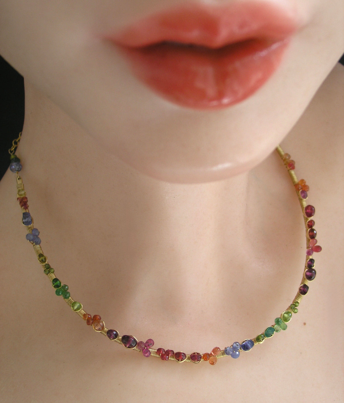 Multi Gemstone 14k Gold Filled Curved Bar Choker Necklace