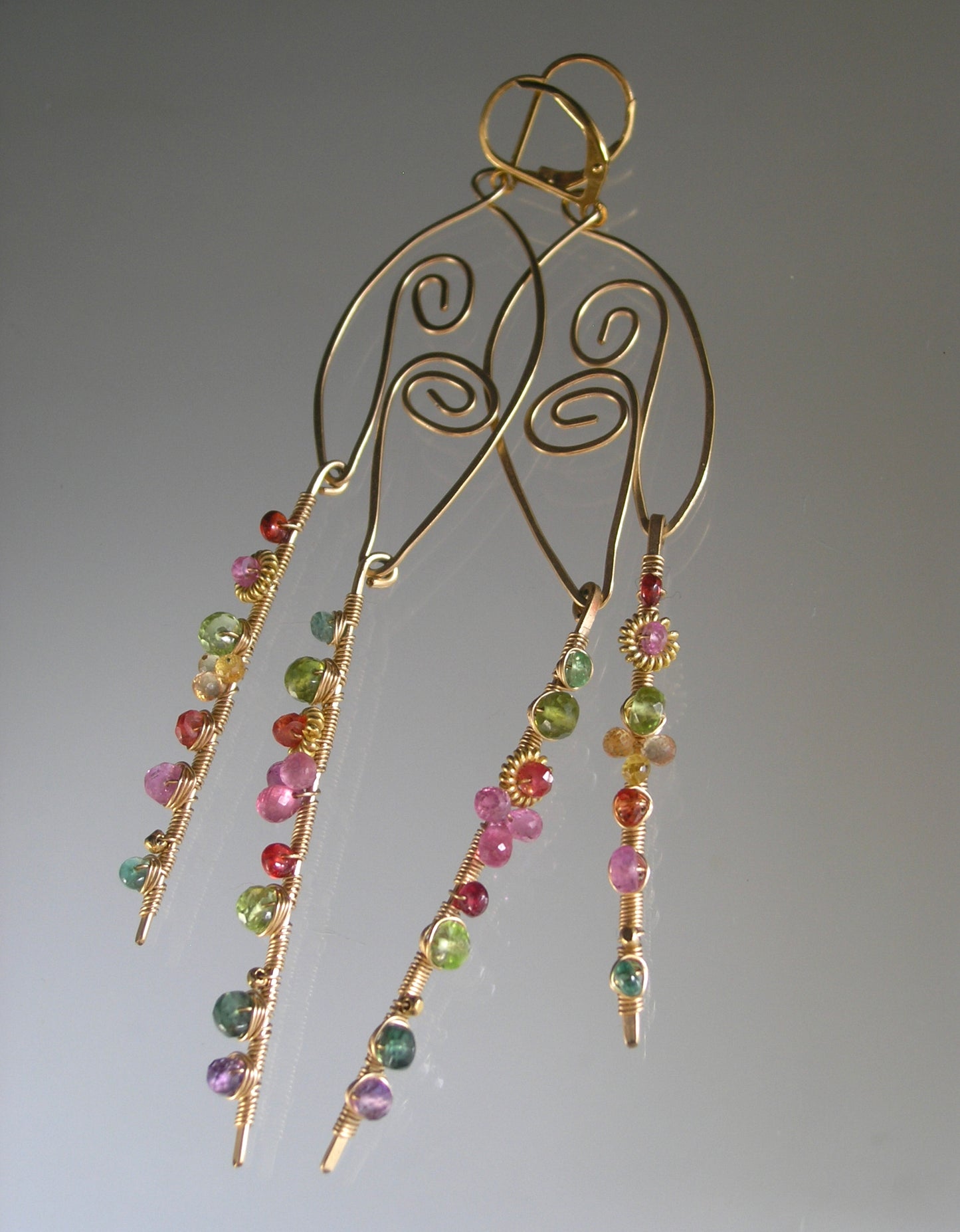 Sculptural Gemstone 14k Gold Filled Earrings 4 3/8”