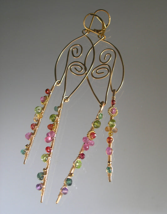 Sculptural Gemstone 14k Gold Filled Earrings 4 3/8”