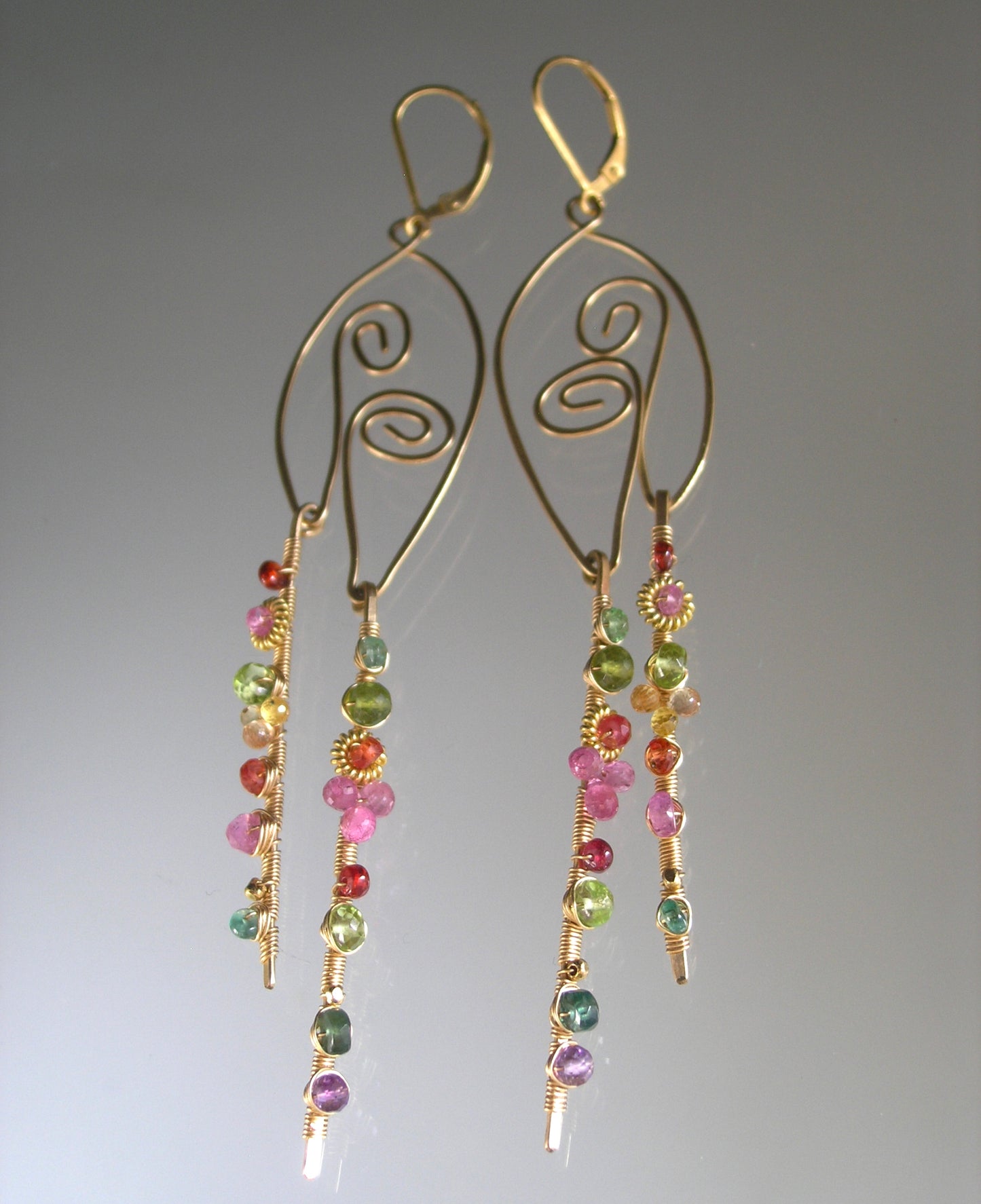 Sculptural Gemstone 14k Gold Filled Earrings 4 3/8”