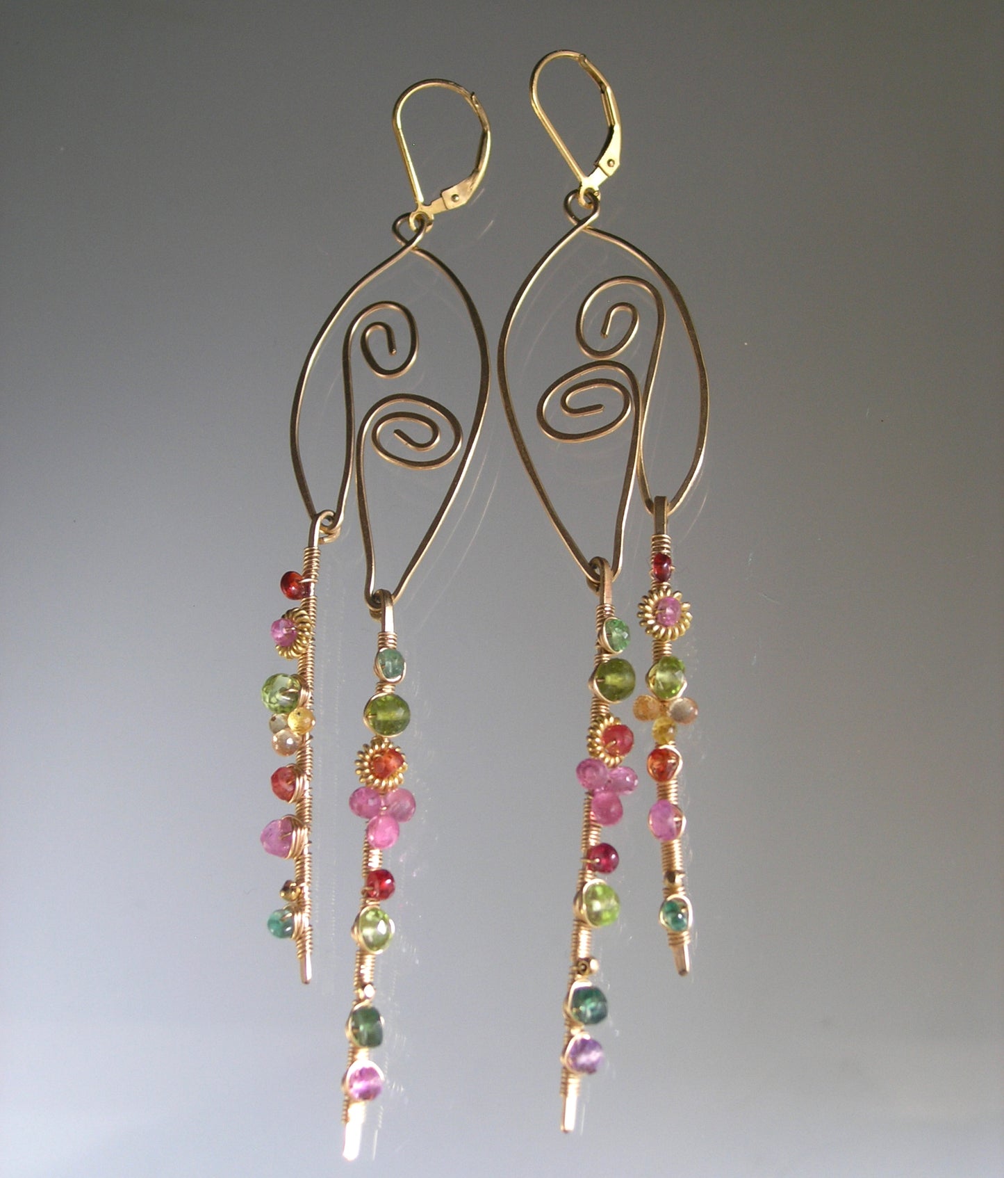 Sculptural Gemstone 14k Gold Filled Earrings 4 3/8”