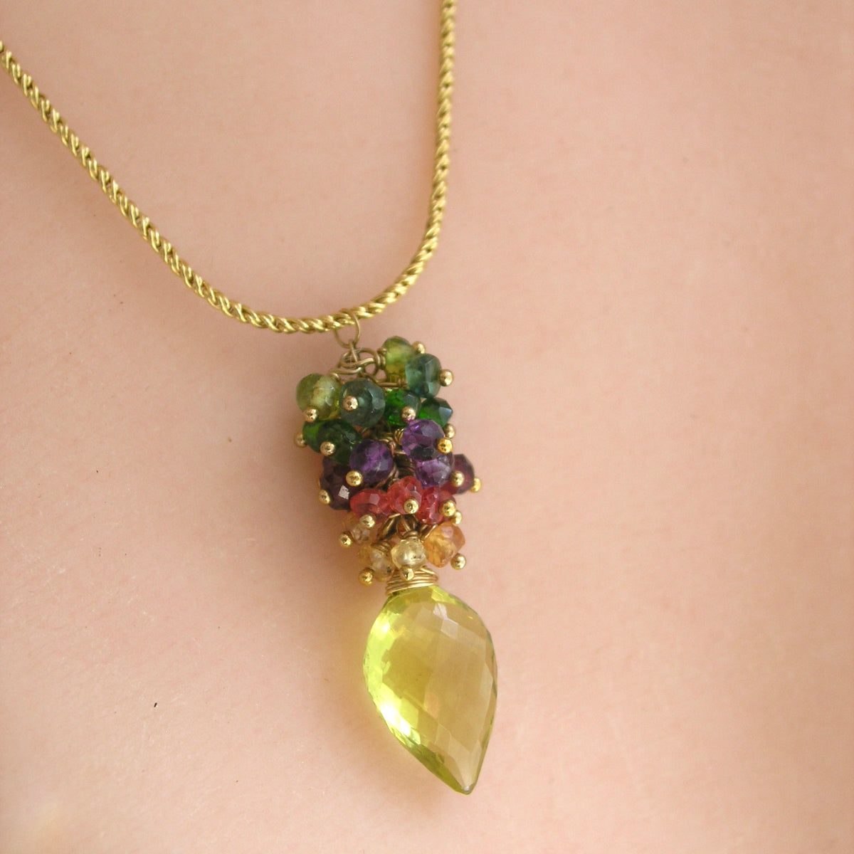 Rainbow Gemstone Cluster Pendant Gold Filled Necklace