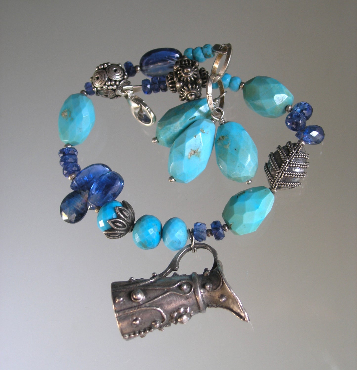 Turquoise Kyanite Bracelet w/ Vintage Sterling Pitcher Vase