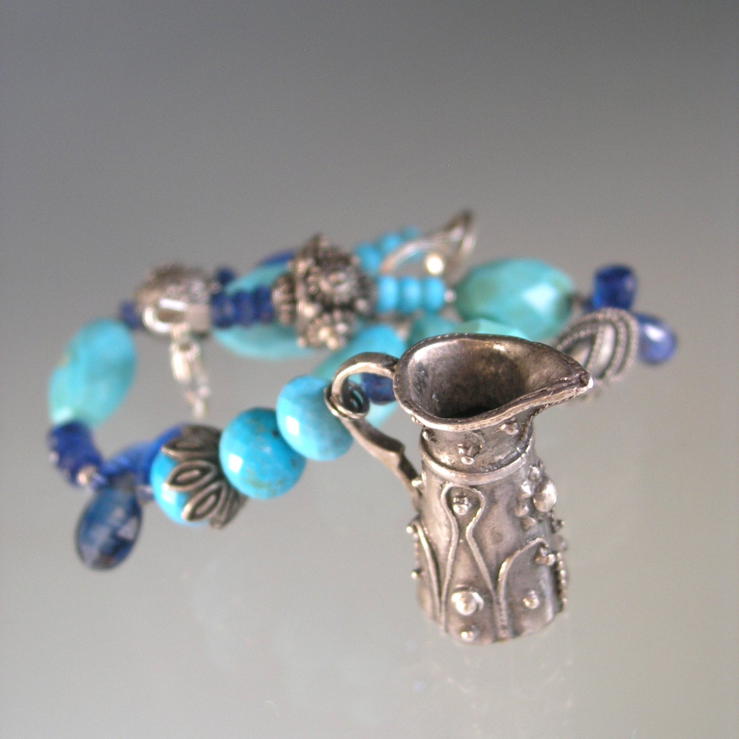 Turquoise Kyanite Bracelet w/ Vintage Sterling Pitcher Vase
