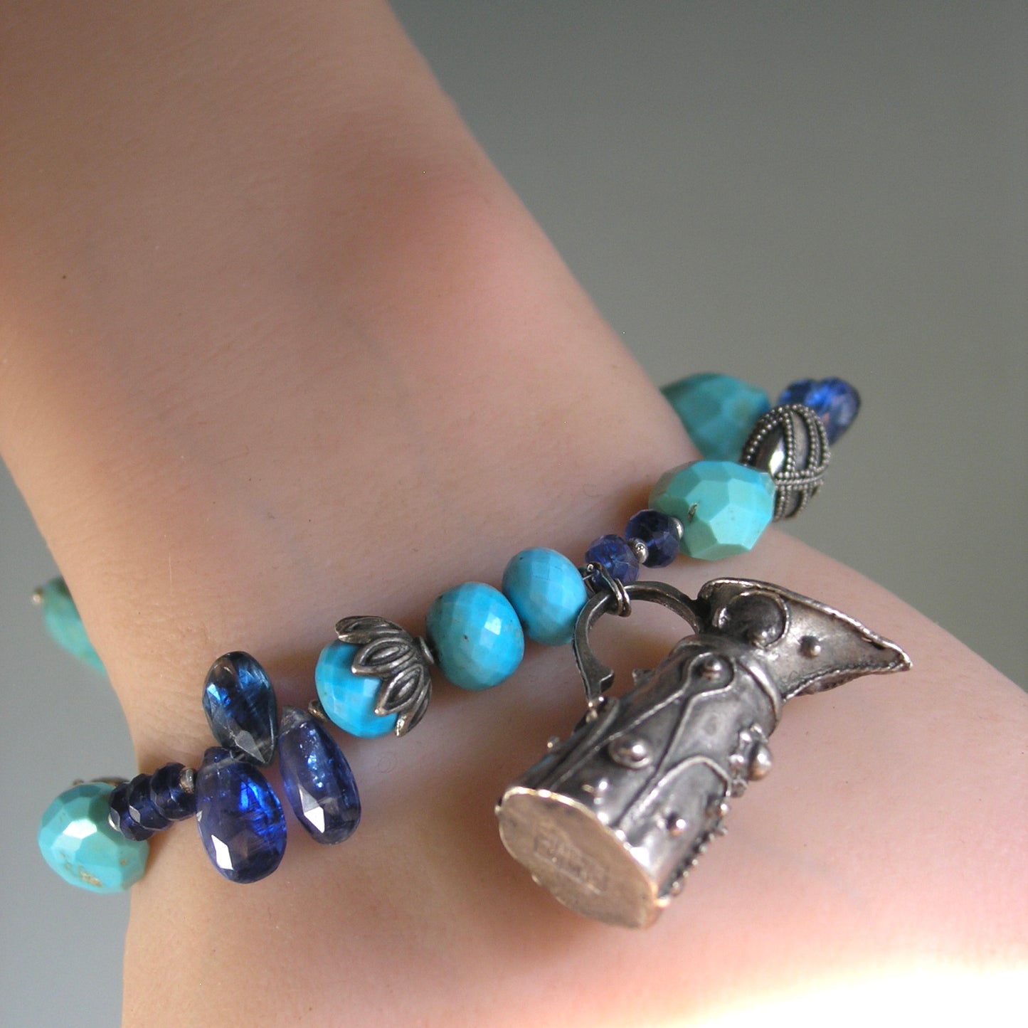 Turquoise Kyanite Bracelet w/ Vintage Sterling Pitcher Vase