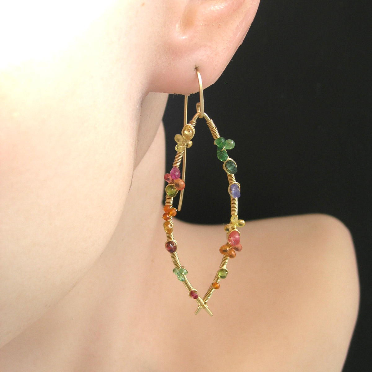 Colorful Multi Gemstone Almond Hoop Earrings in 14k Gold Fill