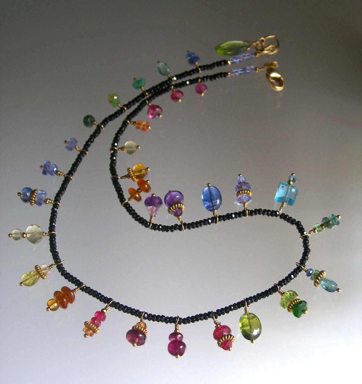 Black Spinel Necklace Choker w/ Rainbow Gemstone Charms