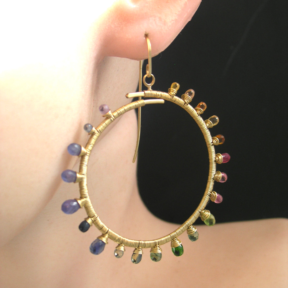 Rainbow Sunburst Gemstone Hoops 14k Gold Filled