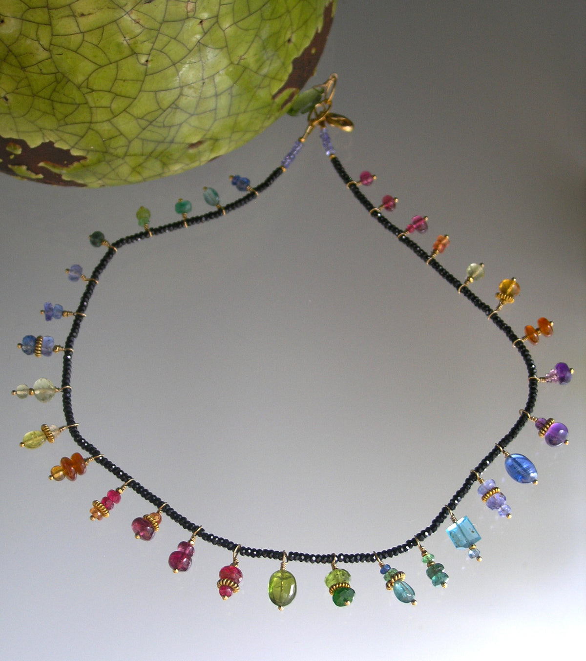 Black Spinel Necklace Choker w/ Rainbow Gemstone Charms