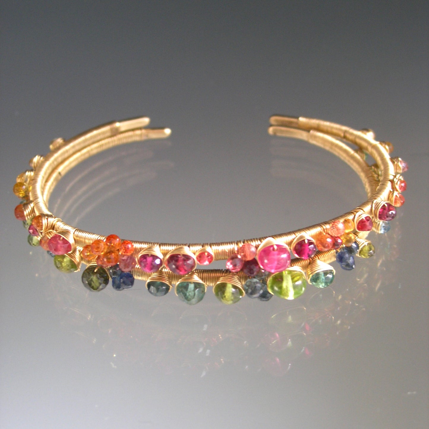 14k Solid Gold Ruby Sapphire Gemstone Cuff