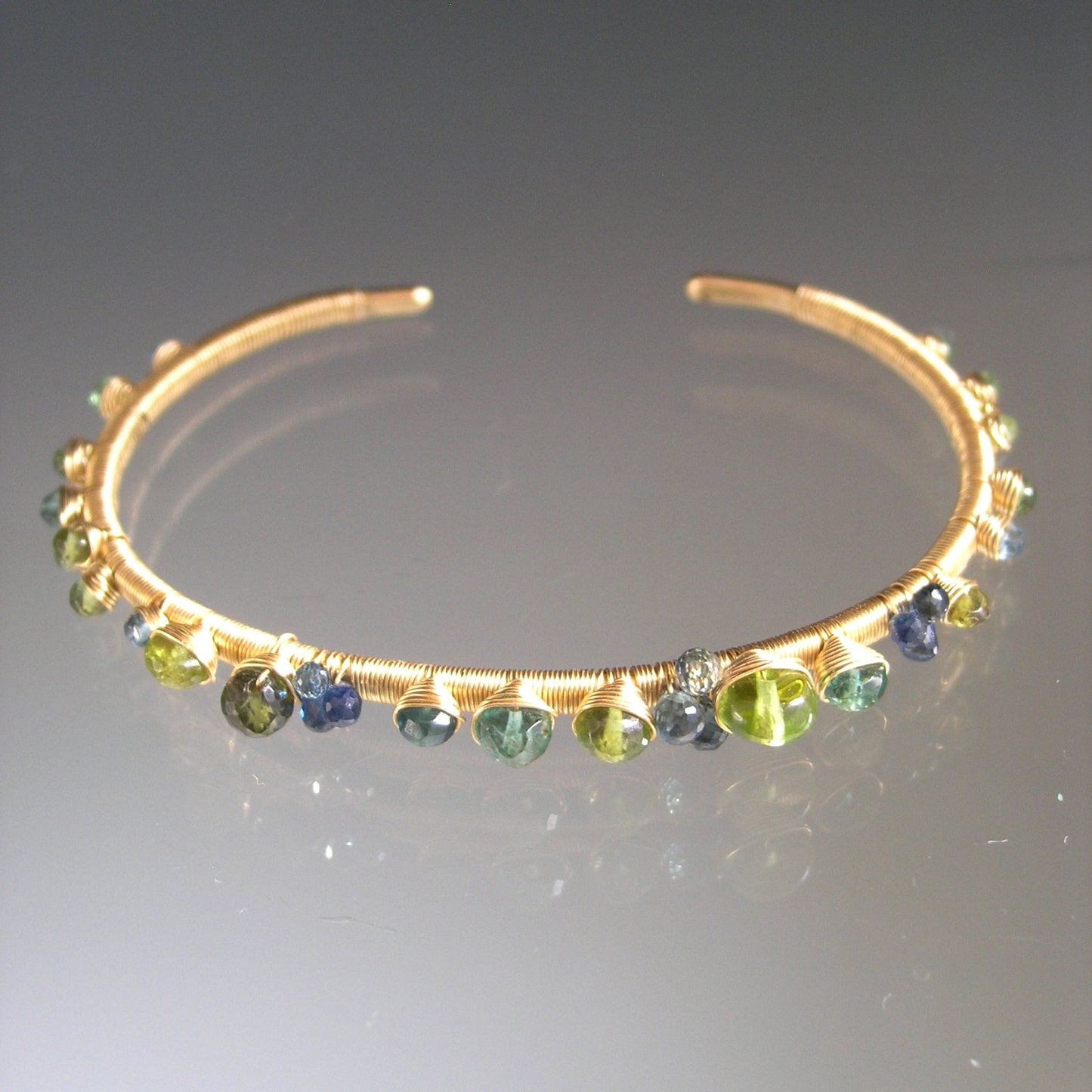 14k Solid Gold Sapphire Tsavorite Gemstone Cuff