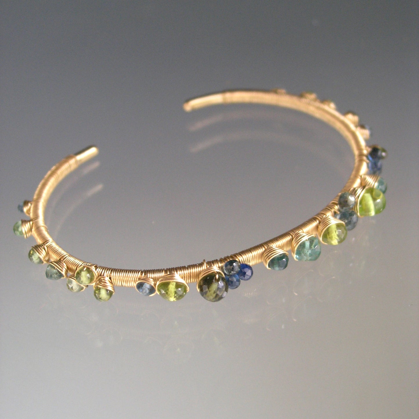 14k Solid Gold Sapphire Tsavorite Gemstone Cuff