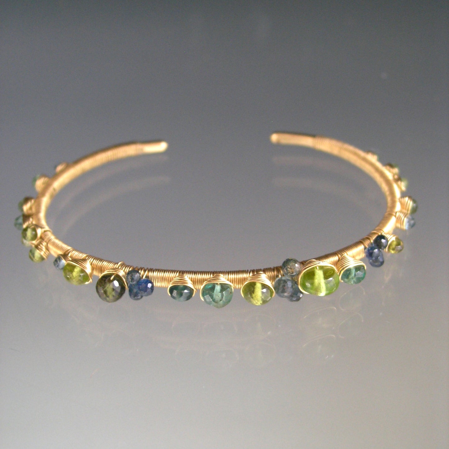 14k Solid Gold Sapphire Tsavorite Gemstone Cuff