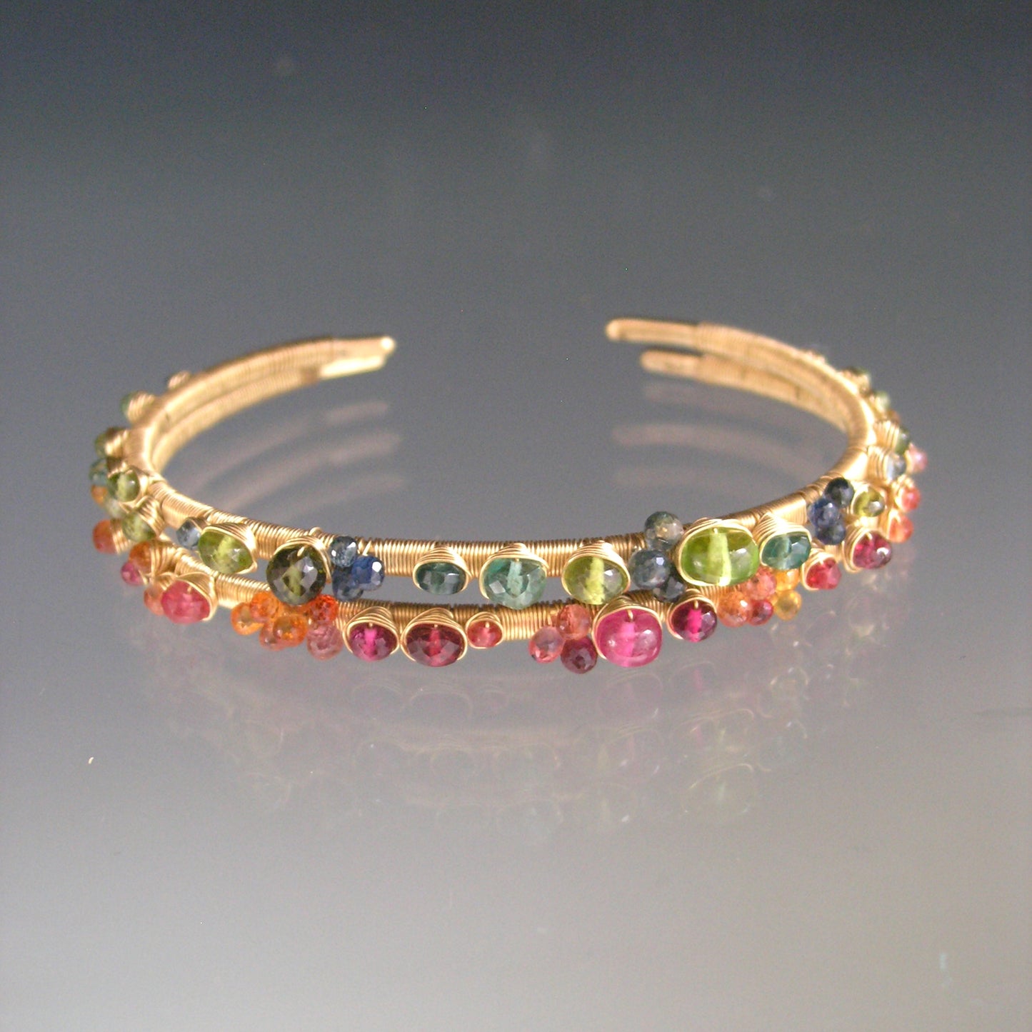 14k Solid Gold Sapphire Tsavorite Gemstone Cuff