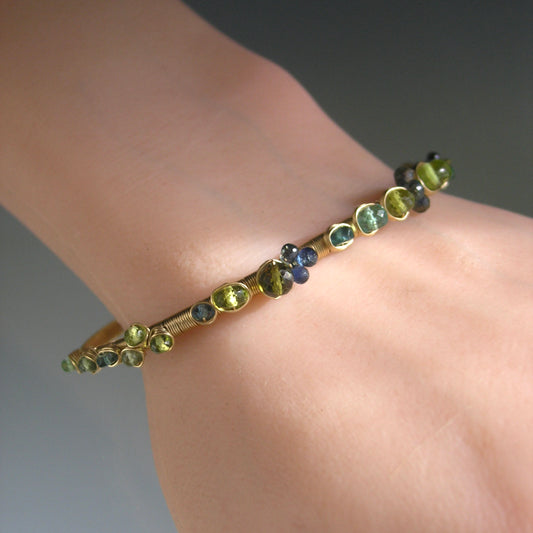 14k Solid Gold Sapphire Tsavorite Gemstone Cuff