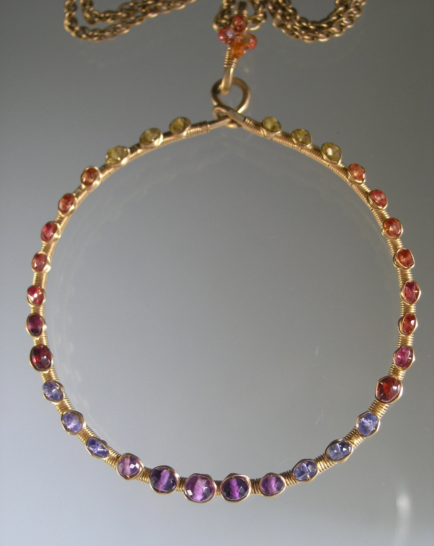 Twilight Gemstone Large Circle Pendant Necklace: Sapphires, Tanzanite, Amethyst